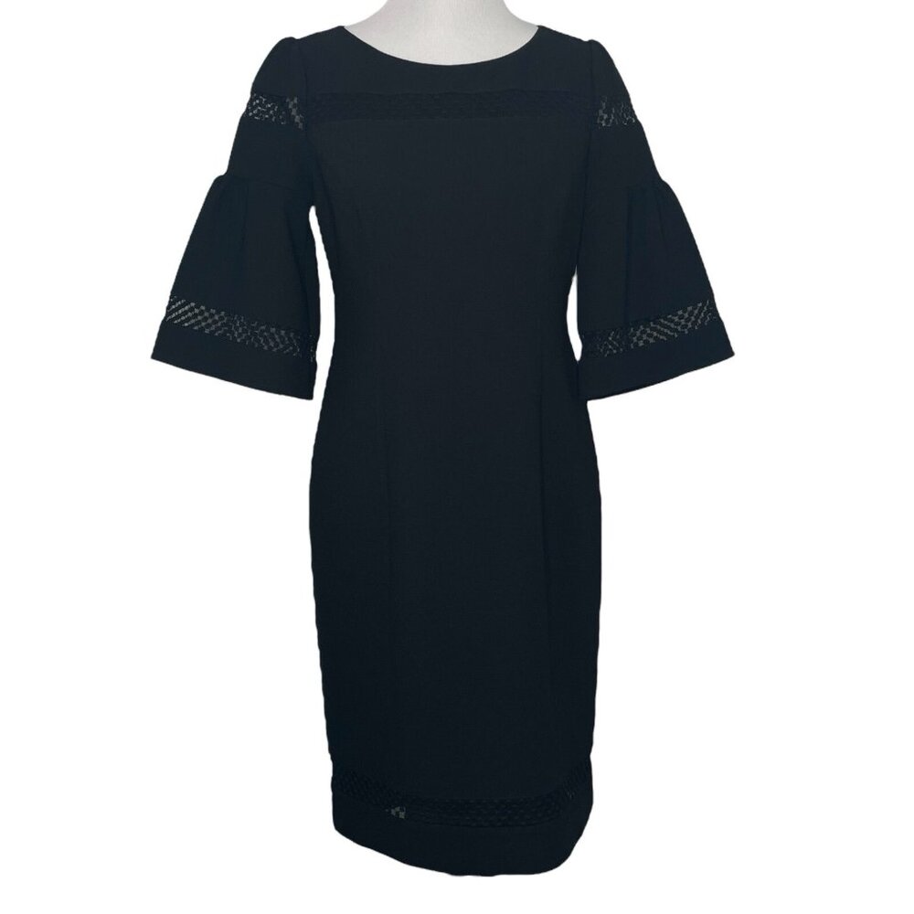 Talbots Sheath Dress Size 4 Lined 3/4 Bell Sleeve Mesh Detail Zip Back Womens